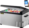 A portable electric cooler filled with ice, drinks, and fruit, with a smartphone displaying controls in the upper right corner. Produktbild-Vorschau