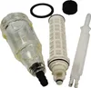 A set of water filter components, including a clear plastic housing, a white filter element, a black O-ring, and a white plastic rod, laid out against a white background. Produktbild-Vorschau