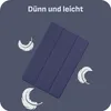 A dark blue tablet case is shown at an angle, with three white feather graphics surrounding it. The text "Dünn und leicht" is displayed at the top. Produktbild-Vorschau