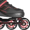Close-up view of the wheels and frame of a black and red inline skate. Podgląd zdjęcia produktu