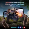 Hands holding a tablet displaying a video game scene, with promotional text and logos at the top and bottom. Produktbild-Vorschau