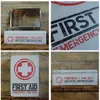 A collage of four images showing a vintage-style first aid tin box from different angles. Podgląd zdjęcia produktu