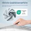 A hand is shown touching a light blue fabric, with a certification logo and text in the background. Produktbild-Vorschau