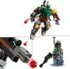 A collage of images showing a LEGO Boba Fett mech and a LEGO Boba Fett minifigure, with a close-up of a LEGO blaster firing a red stud. Produktbild-Vorschau