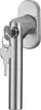 A close-up studio shot of a silver-colored, L-shaped door handle with a key inserted into the lock. Produktbild-Vorschau