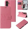 A collage of images showing a pink floral butterfly embossed flip phone case for a Samsung Galaxy A16/A16 5G. Produktbild-Vorschau