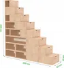 A modular shelving unit designed in a staircase shape, made of light-colored wood. It is shown against a white background with dimensions indicated. Produktbild-Vorschau