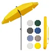 A yellow patio umbrella is shown open, with a black pole. To the right, there are swatches of different colored umbrella fabric options, and a yellow umbrella carrying case. Produktbild-Vorschau