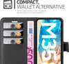 A close-up view of a black wallet-style phone case with cards and a banknote inserted, and a smartphone displaying a colorful image. Produktbild-Vorschau