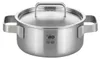 A stainless steel pot with two handles and a lid, shown from a front-side angle on a white background. Náhled obrázku produktu