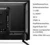 The back of a black television is shown with a list of its technical specifications and connections. Produktbild-Vorschau