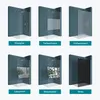 A collage of six different shower enclosure designs with various glass treatments. Produktbild-Vorschau