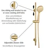 A close-up view of a gold-colored shower set with labels pointing out its features. Produktbild-Vorschau
