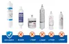 A collection of water filters arranged in a row against a white background, with product names and compatibility indicators below. Náhled obrázku produktu
