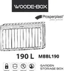 A line drawing of a garden storage box with branding and product information. Produktbild-Vorschau