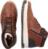 A pair of brown leather and suede winter boots are shown from a top-down perspective, with one boot facing forward and the other facing sideways. Anteprima dell’immagine prodotto