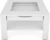 A white square coffee table with a glass inlay on top, a drawer, and a shelf underneath. Produktbild-Vorschau