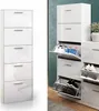 A white shoe cabinet with five compartments is shown, with some of the compartments open to reveal shoes inside. Anteprima dell’immagine prodotto