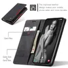 A flip-style phone case with card and cash slots is shown open, displaying a phone screen with a woman's image and time. Text highlights the leather design's durability. Produktbild-Vorschau