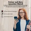 A woman is looking at her phone while holding some folders. Text overlays describe product features. Produktbild-Vorschau