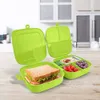 Two open green lunchboxes on a wooden table, one with a sandwich and the other with cherry tomatoes and grapes. Produktbild-Vorschau