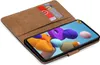 A brown book-style phone case with credit cards inserted, displaying a smartphone screen with colorful abstract shapes. Náhled obrázku produktu