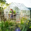 A woman is carrying plants in a greenhouse. Produktbild-Vorschau