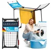 A woman is shown next to a washing machine and a drying rack with a yellow towel on it. A folded drying rack is also visible. Produktbild-Vorschau