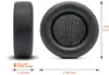 Two black ear pads for headphones are shown, one from the side and one from the front, with dimensions indicated. Produktbild-Vorschau