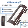 Collage showing a refrigerator handle, its compatibility with refrigerators and freezers, and screws. Produktbild-Vorschau