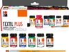 A set of Marabu Textil PLUS fabric paints and a brush are displayed on a white background. Produktbild-Vorschau
