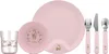 A set of children's tableware, including a cup, bowl, plate, fork, knife, and spoon, all with a pink theme and woodland creature illustrations. Voir les images du produit