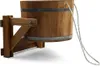 A wooden bucket with metal bands, attached to a wooden mount, with a rope hanging from it. Produktbild-Vorschau
