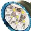 Close-up view of the front of a powerful LED flashlight with multiple bright yellow LEDs and a blue bezel. Podgląd zdjęcia produktu
