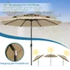 A large beige patio umbrella with a tiered design is shown, with text overlays highlighting its features. Smaller images of the umbrella in different positions are also displayed. Anteprima dell’immagine prodotto