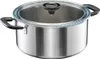 A stainless steel pot with a glass lid and black handles, shown from a diagonal angle against a white background. Podgląd zdjęcia produktu