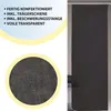 A dark gray roller blind or panel curtain is shown hanging, with a close-up detail of its fabric texture in a circular inset. Text on the left lists product features. Anteprima dell’immagine prodotto