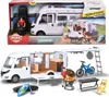 A toy camper set shown in its packaging and then displayed with its accessories. Voir les images du produit