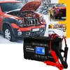 A car battery charger is shown in the foreground, with a car in the snow in the background. Smaller inset images show a red car and cars covered in snow. Náhled obrázku produktu