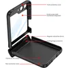 A disassembled black phone case with labels pointing to its features. Produktbild-Vorschau
