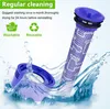 A vacuum cleaner filter and its cap are shown being washed in water, with text and icons providing cleaning instructions. Produktbild-Vorschau