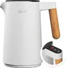 A white electric kettle with a wooden handle, shown against a white background. A close-up inset shows the control panel with a digital temperature display. Produktbild-Vorschau