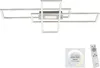A modern LED ceiling light with a geometric design, shown with a remote control and a color temperature indicator. Produktbild-Vorschau