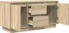 A light brown wooden TV cabinet with two doors and two drawers, shown with one door and both drawers open. Náhled obrázku produktu