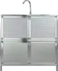 A stainless steel sink cabinet with a faucet. Produktbild-Vorschau