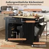 A black kitchen island with a wooden countertop, featuring various storage compartments and labeled features. Voir les images du produit
