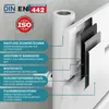A close-up diagram of a white radiator, highlighting its features with text callouts. Produktbild-Vorschau