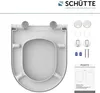 A white toilet seat and its mounting hardware are displayed on a white background, along with an instruction manual. Anteprima dell’immagine prodotto