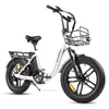 A white electric bicycle with black tires and accessories is shown against a white background. Produktbild-Vorschau