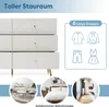 A collage of images showcasing a white dresser with gold accents, a diagram of clothing items that fit in drawers, and lifestyle shots of a living room and bedroom. Anteprima dell’immagine prodotto